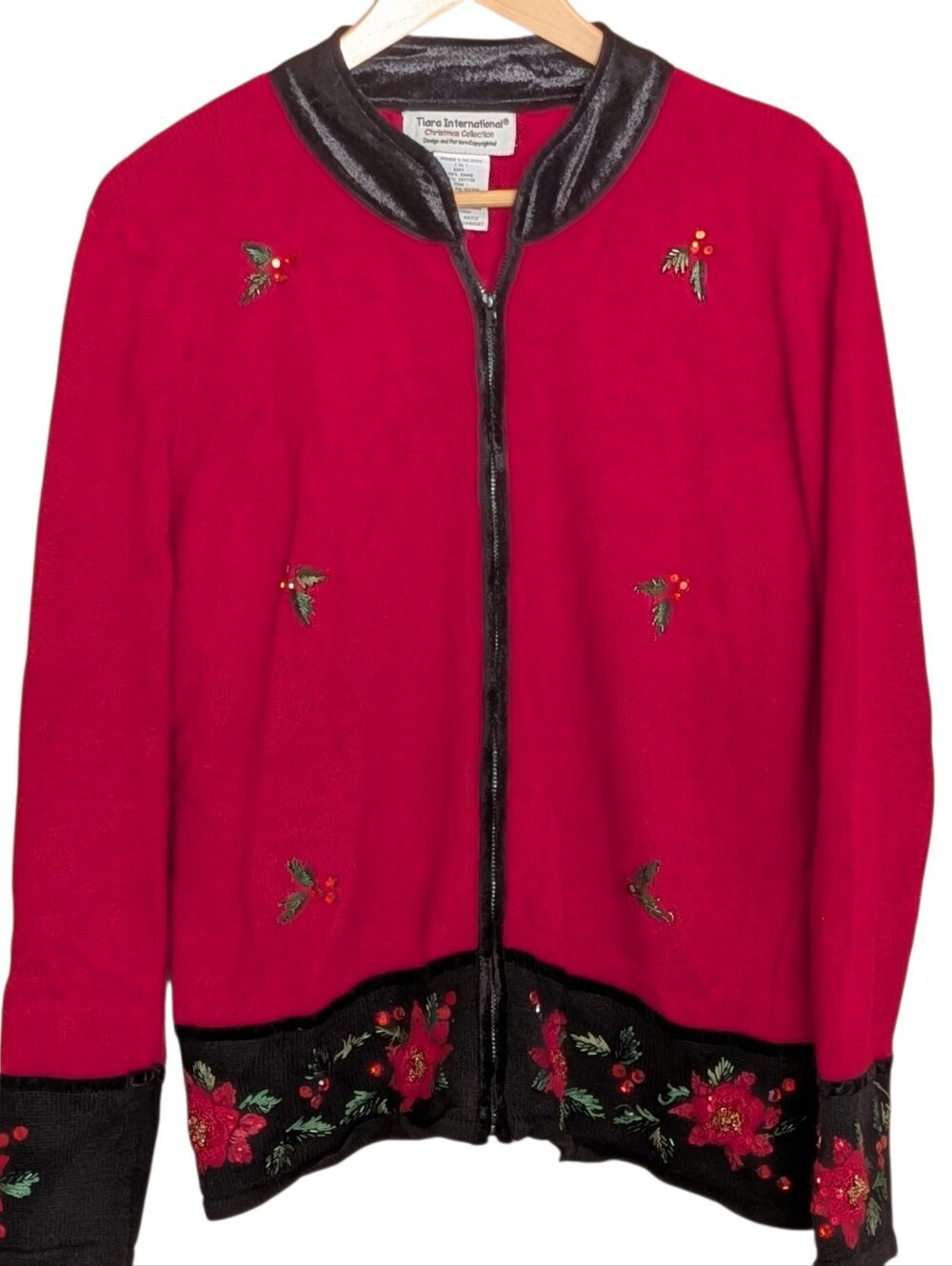 Tiara International Knit Christmas Sweater Velvet Trim Embroidered Beaded XL